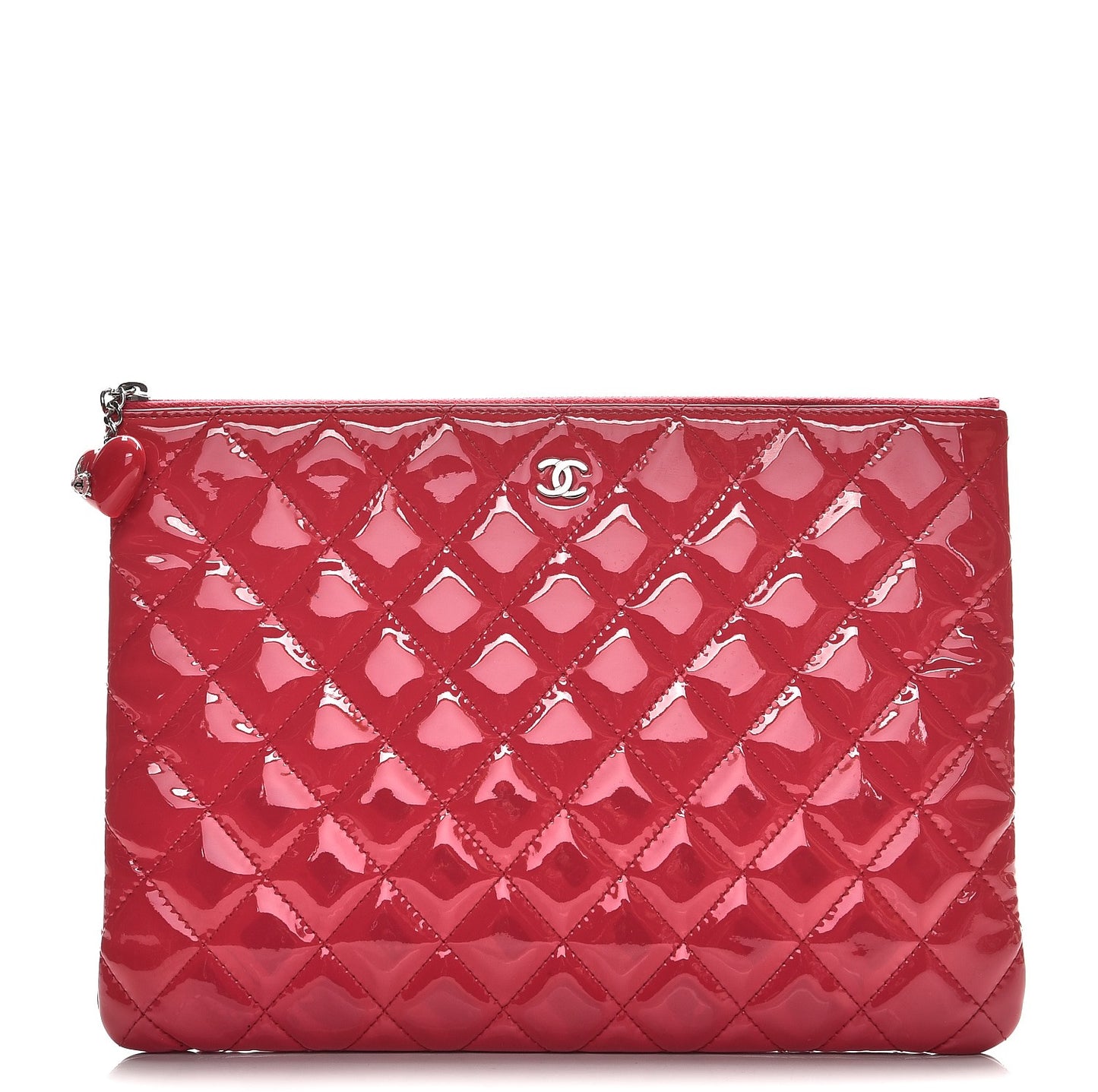 Patent Calfskin Quilted Valentine Hearts Medium O Cosmetic Case Dark Pink