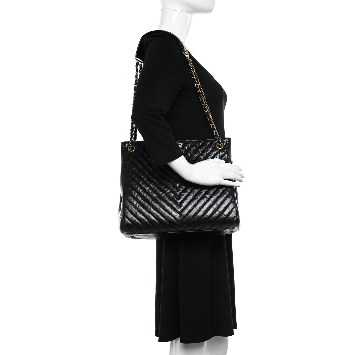 Aged Calfskin Chevron Quilted Shopping Tote Black