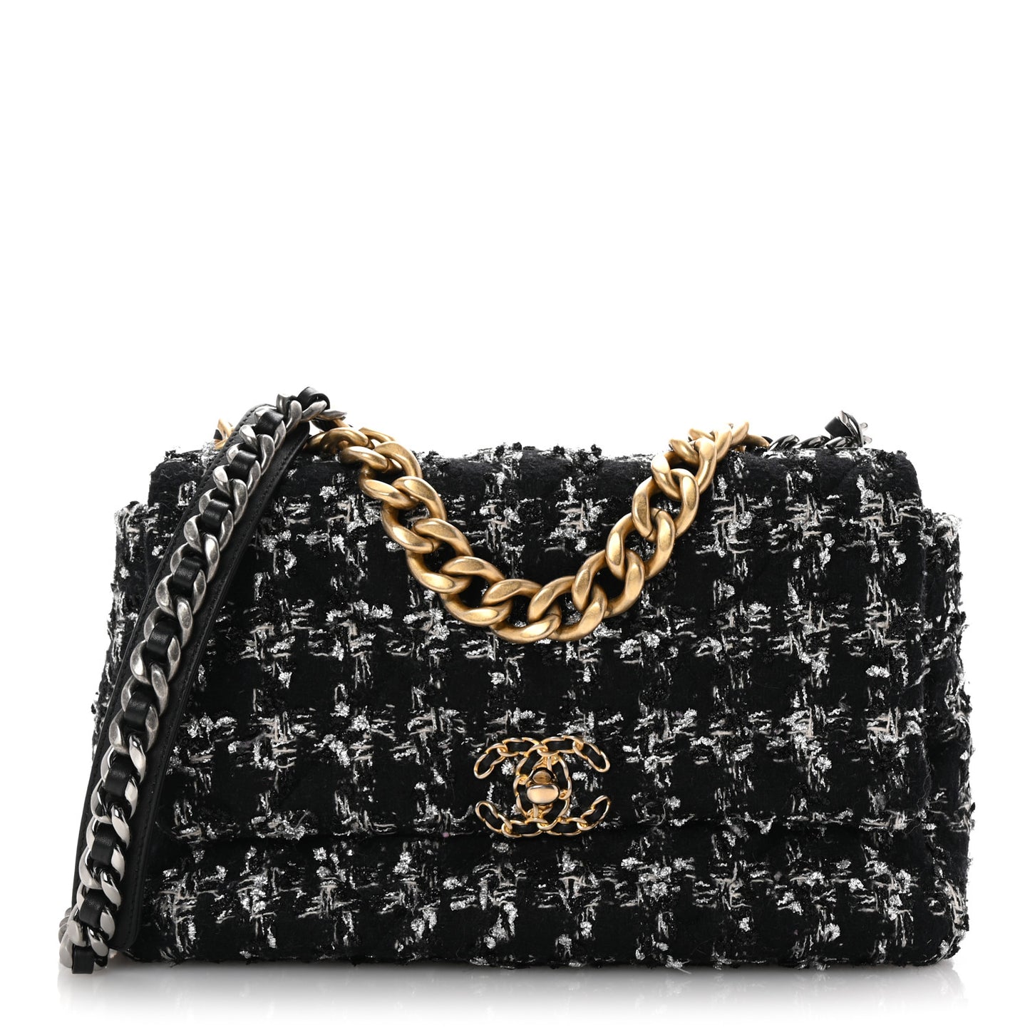 Tweed Quilted Large Chanel 19 Flap Black Silver Ecru