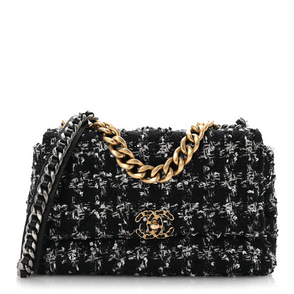 Chanel Tweed Quilted Large Chanel 19 Flap Black Silver Ecru 1 of 10
