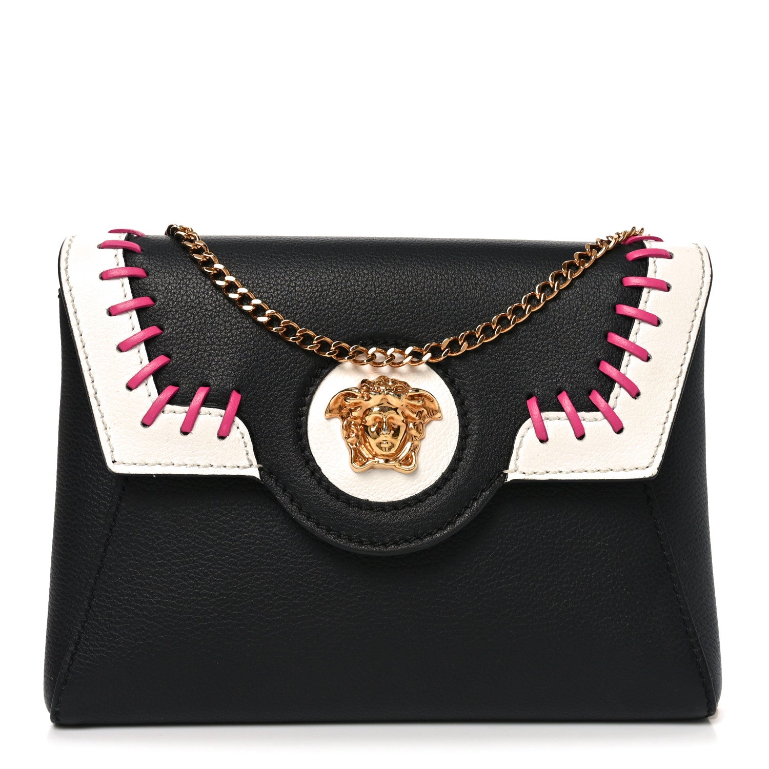 Versace Calfskin Medusa Whipstitch Envelope Clutch Black White 1 of 9