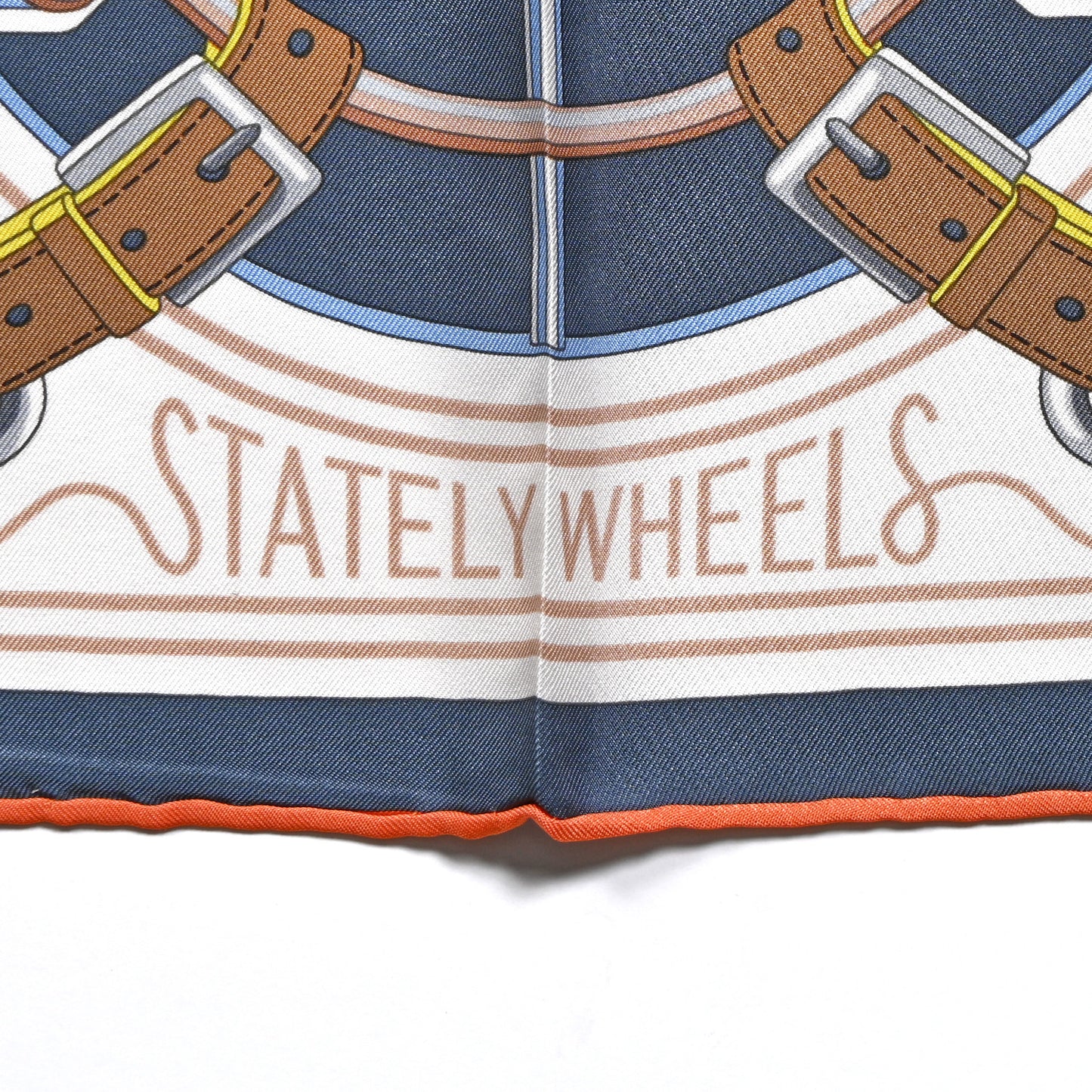 Silk Stately Wheels Scarf 90 Bleu Ardoise White Orange