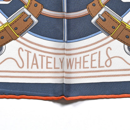 Hermes Silk Stately Wheels Scarf 90 Bleu Ardoise White Orange 5 of 6