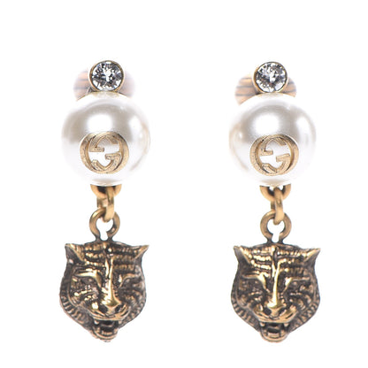 Gucci Metal Crystal Resin Pearl Feline Clip On Earrings Aged Gold 1 of 3