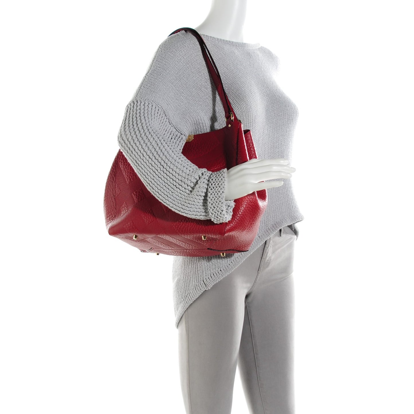 Signature Grain Calfskin Check Embossed Small The Canter Tote Military Red