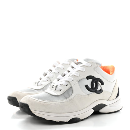 Chanel Nylon Calfskin Suede CC Womens Sneakers 38.5 White Orange 3 of 9