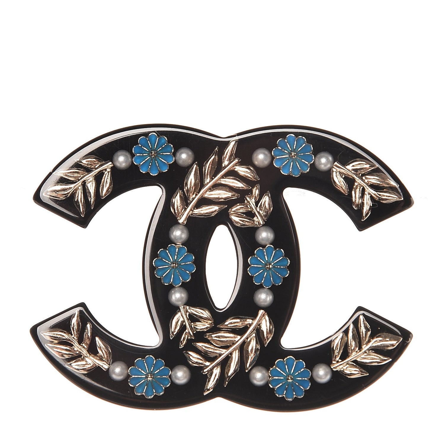 Resin Pearl Enamel Flower CC Brooch Gold Black Blue
