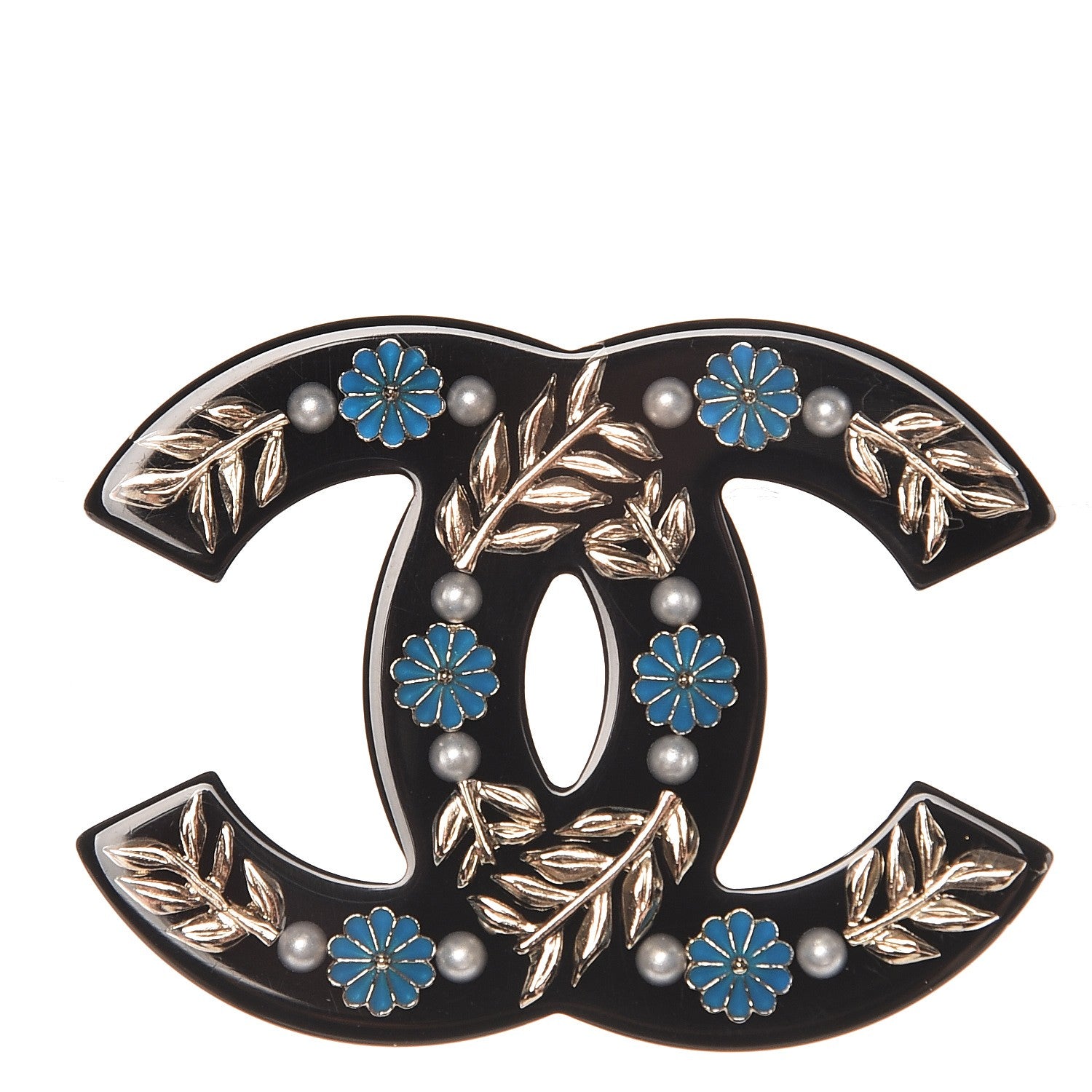 Chanel Resin Pearl Enamel Flower CC Brooch Gold Black Blue 1 of 5