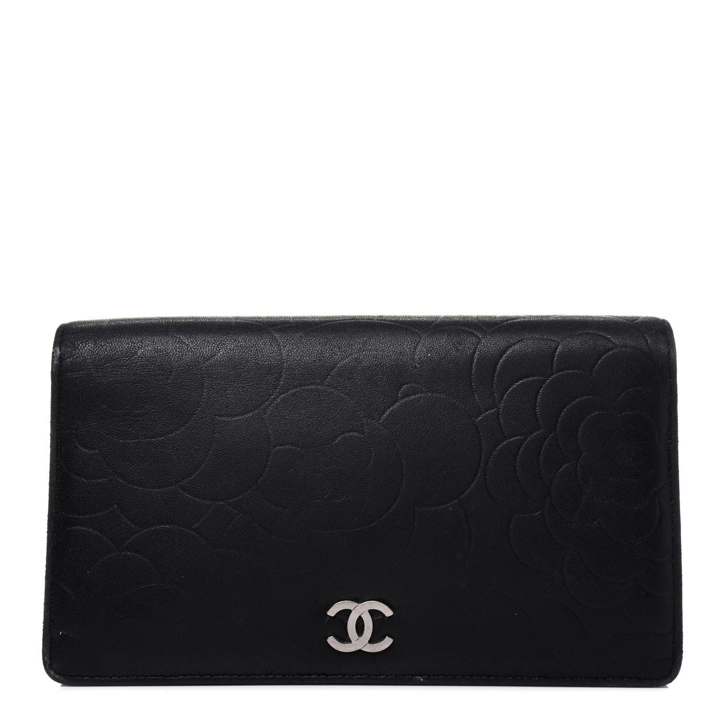 Lambskin Camellia Embossed Yen Wallet Black