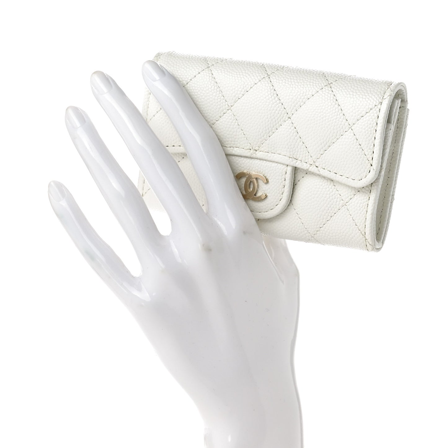 Caviar Quilted Flap Card Holder Wallet White