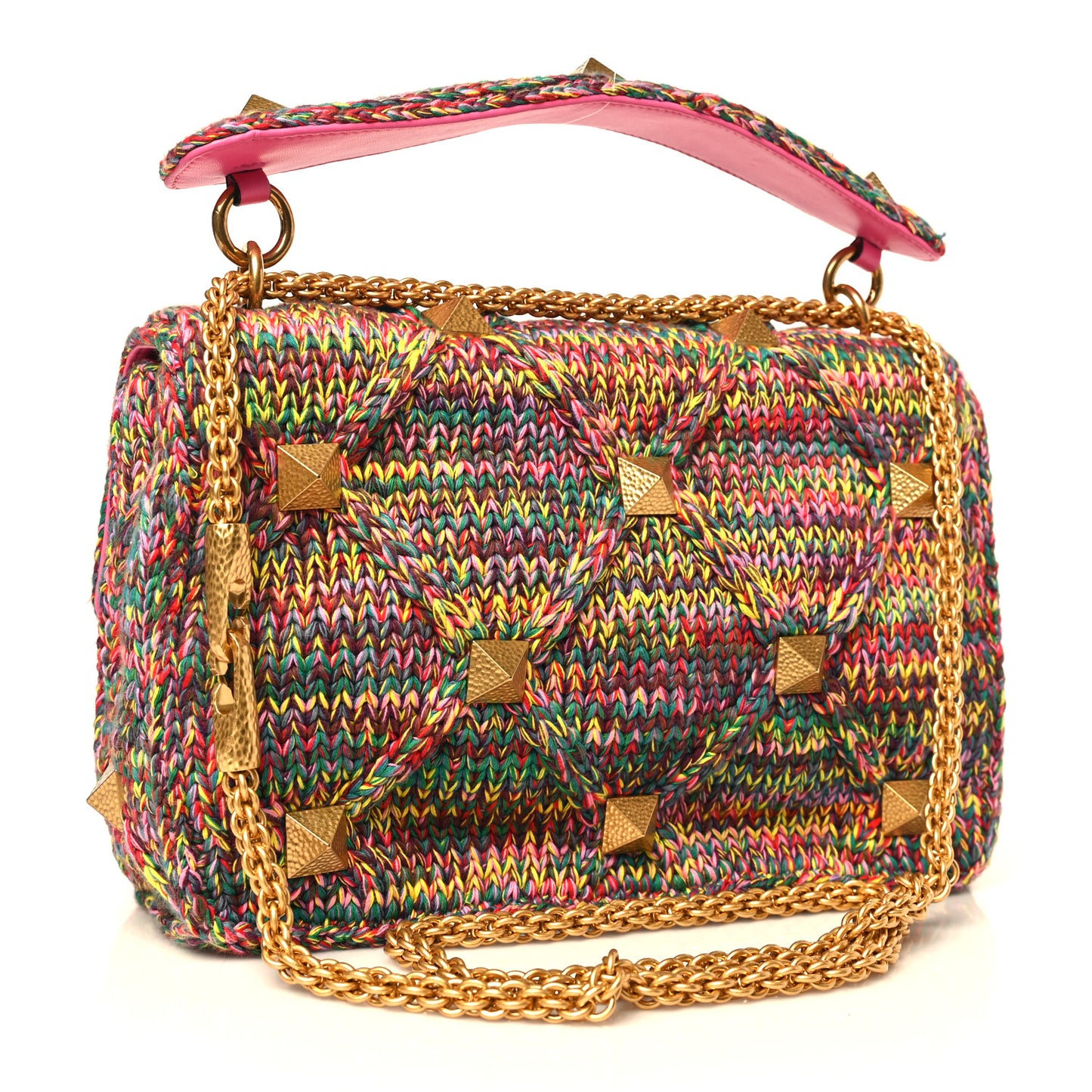 Wool Woven Large Roman Stud Shoulder Bag Multicolor Feminine Pink