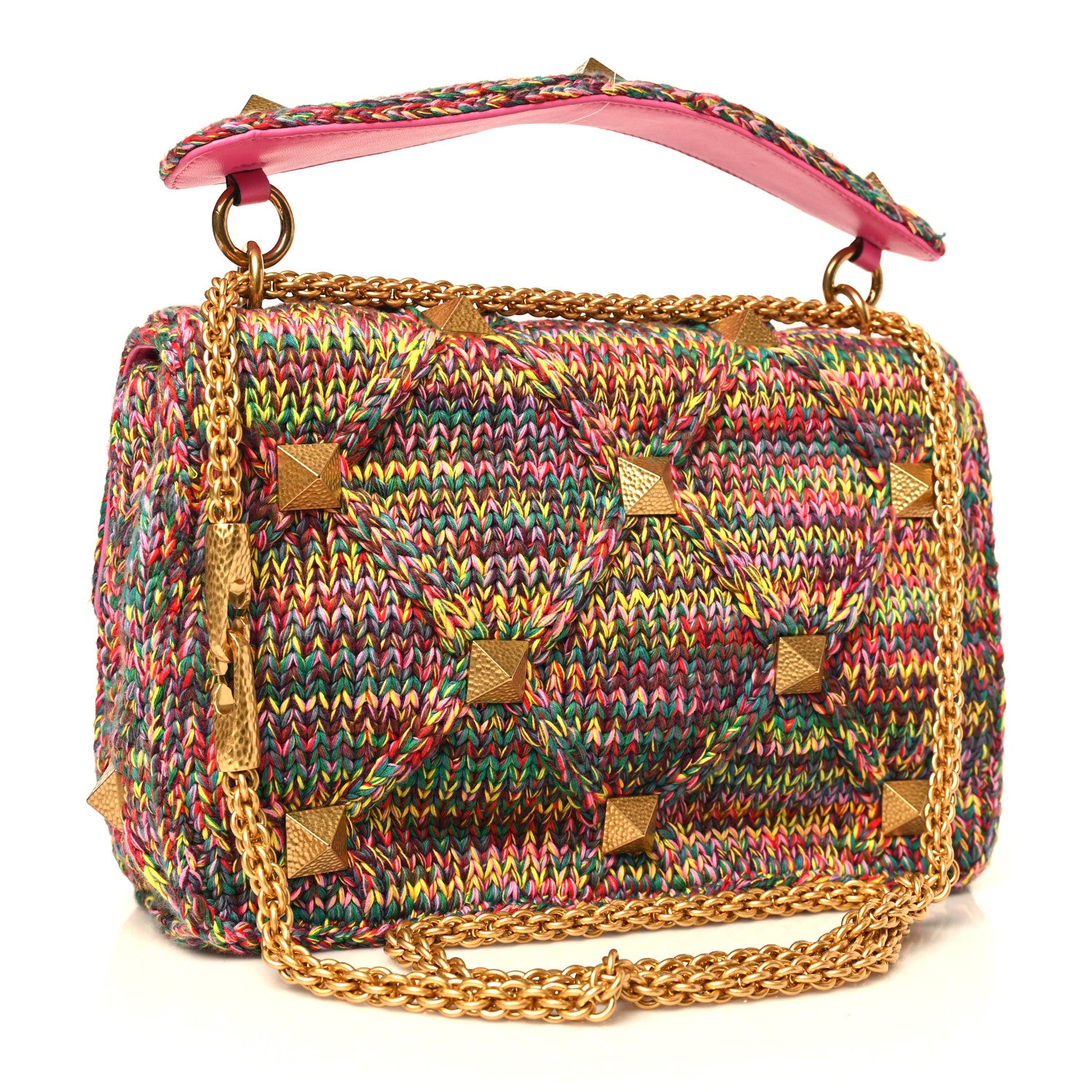 Valentino Garavani Wool Woven Large Roman Stud Shoulder Bag Multicolor Feminine Pink 3 of 8