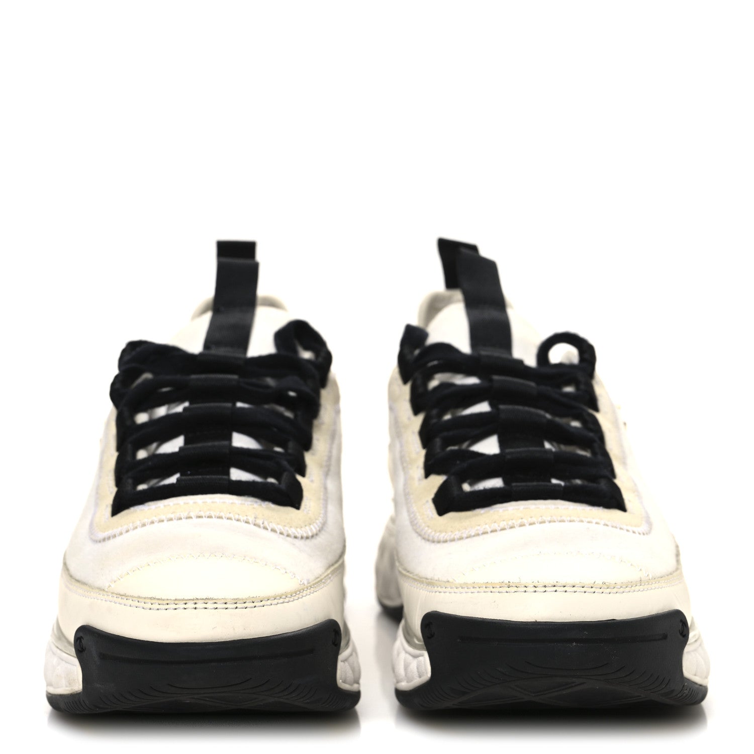 Chanel Velvet Calfskin Mixed Fibers CC Sneakers 38 Ivory Black