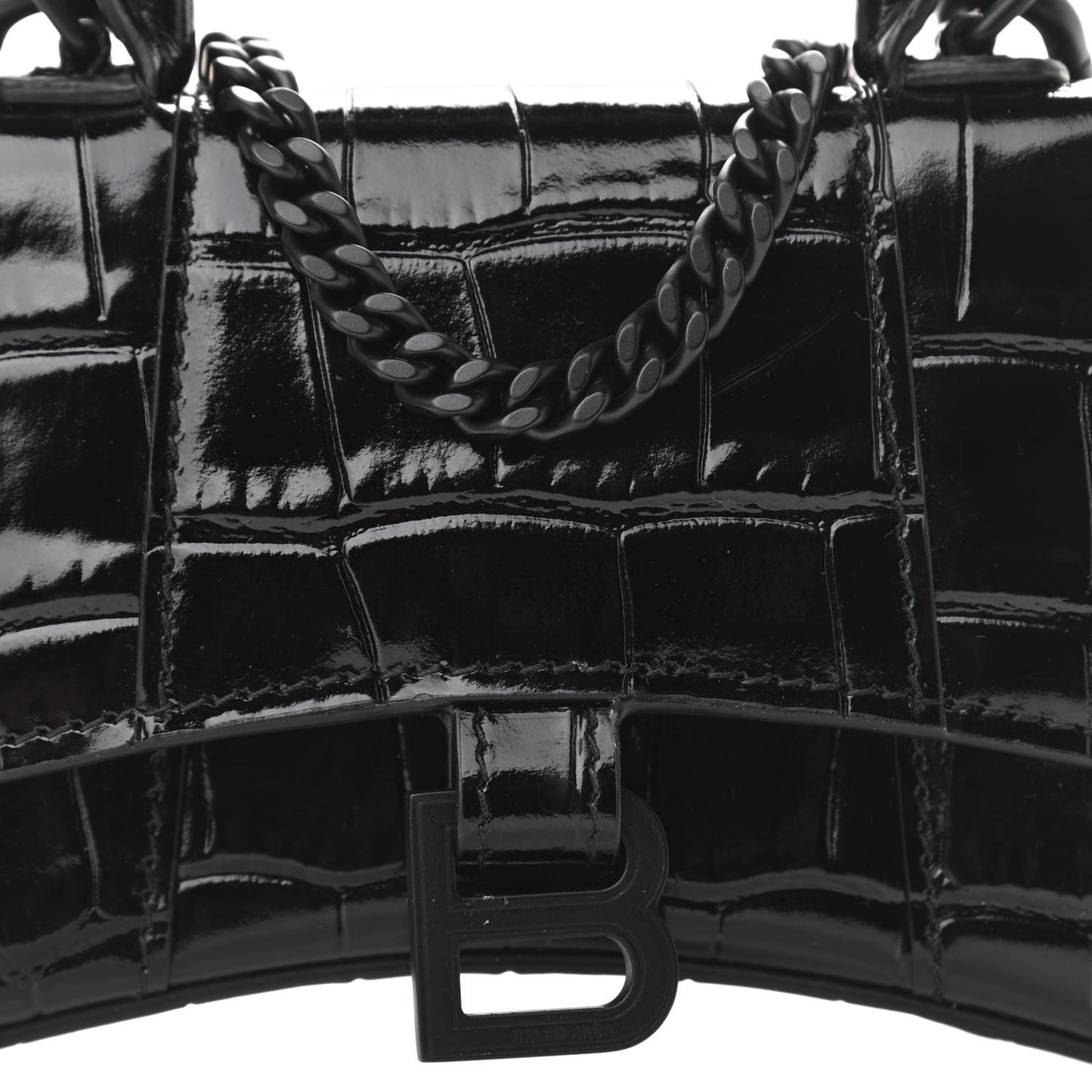 Shiny Calfskin Monochrome Crocodile Embossed Hourglass Top Handle Bag Mini with Chain Black