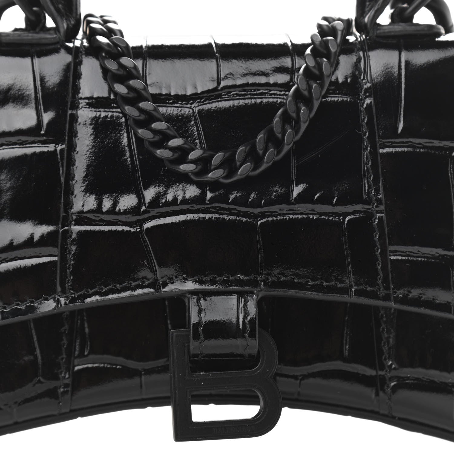 Balenciaga Shiny Calfskin Monochrome Crocodile Embossed Hourglass Top Handle Bag Mini with Chain Black 6 of 8