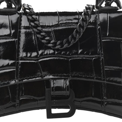 Balenciaga Shiny Calfskin Monochrome Crocodile Embossed Hourglass Top Handle Bag Mini with Chain Black 6 of 8
