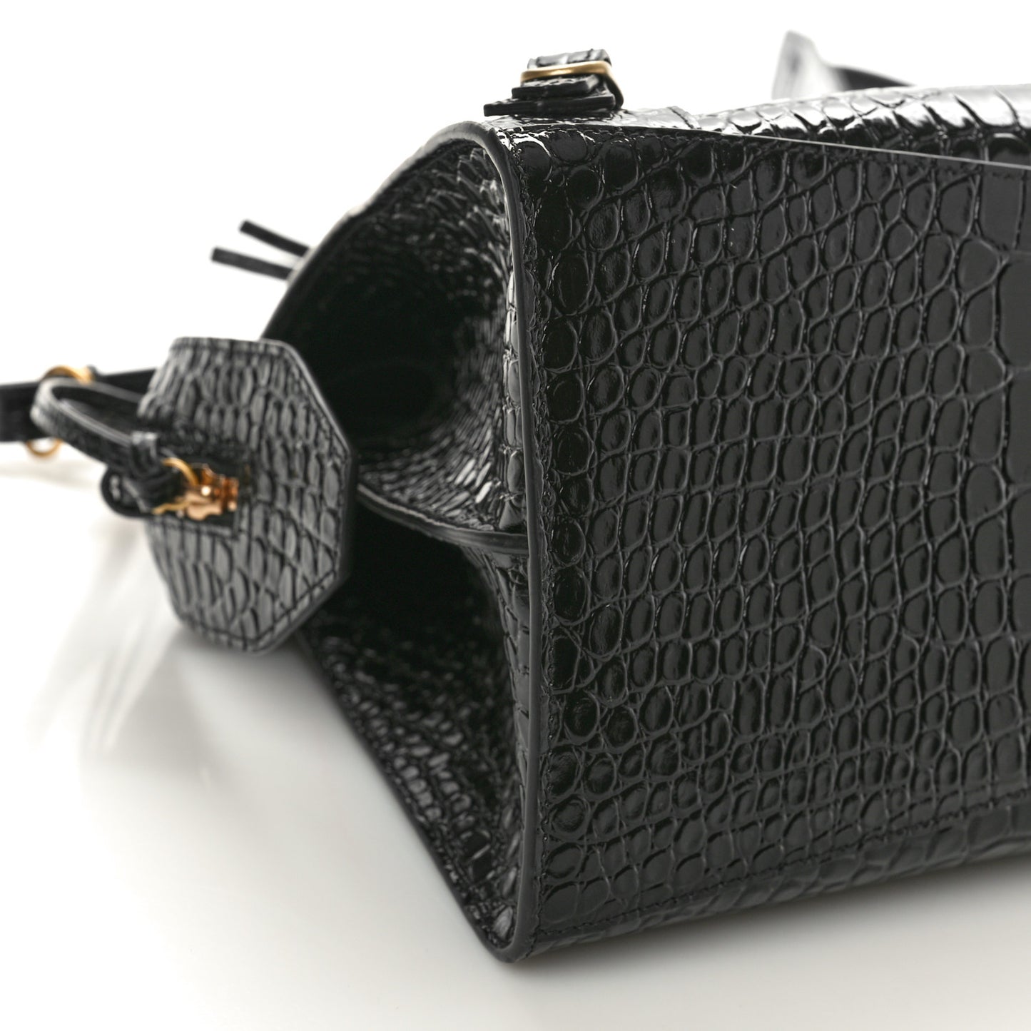 Shiny Supple Calfskin Crocodile Embossed Brass Hardware Neo Classic City Black