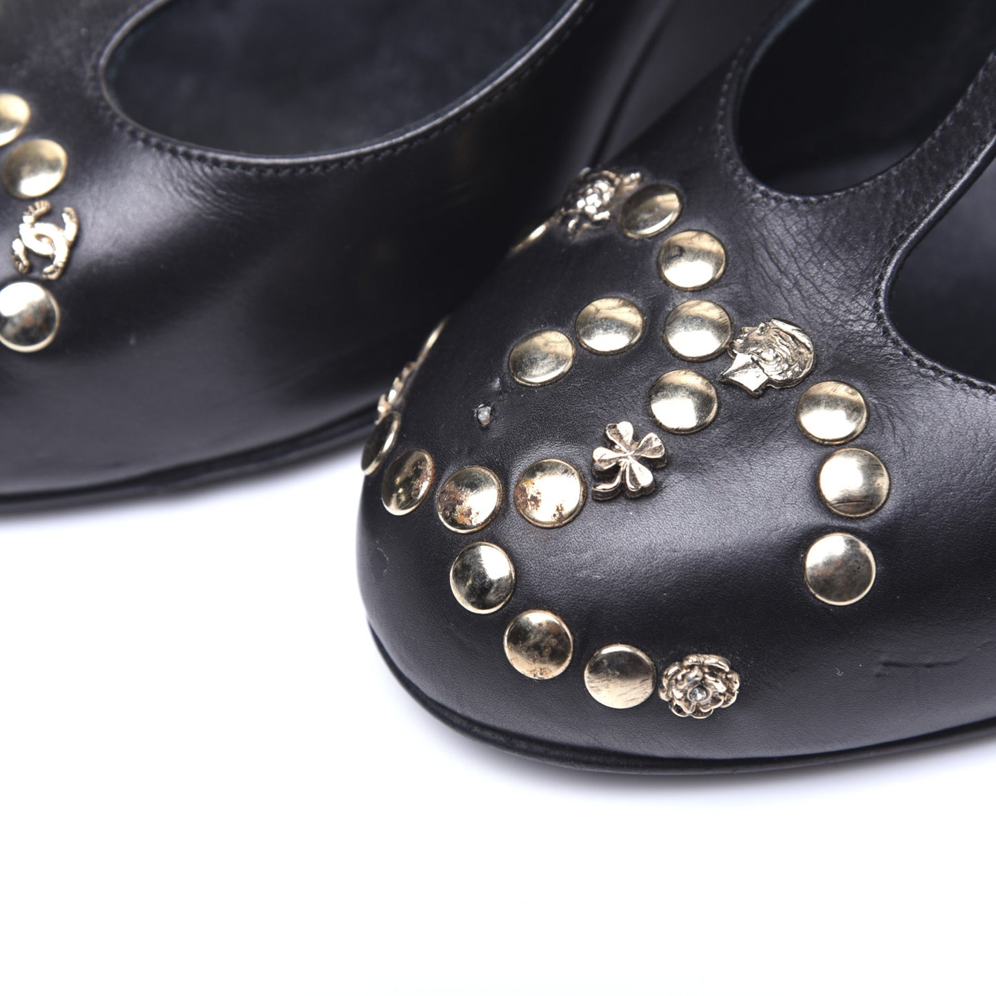 Lambskin Studded CC T-Strap Wedges 38 Black