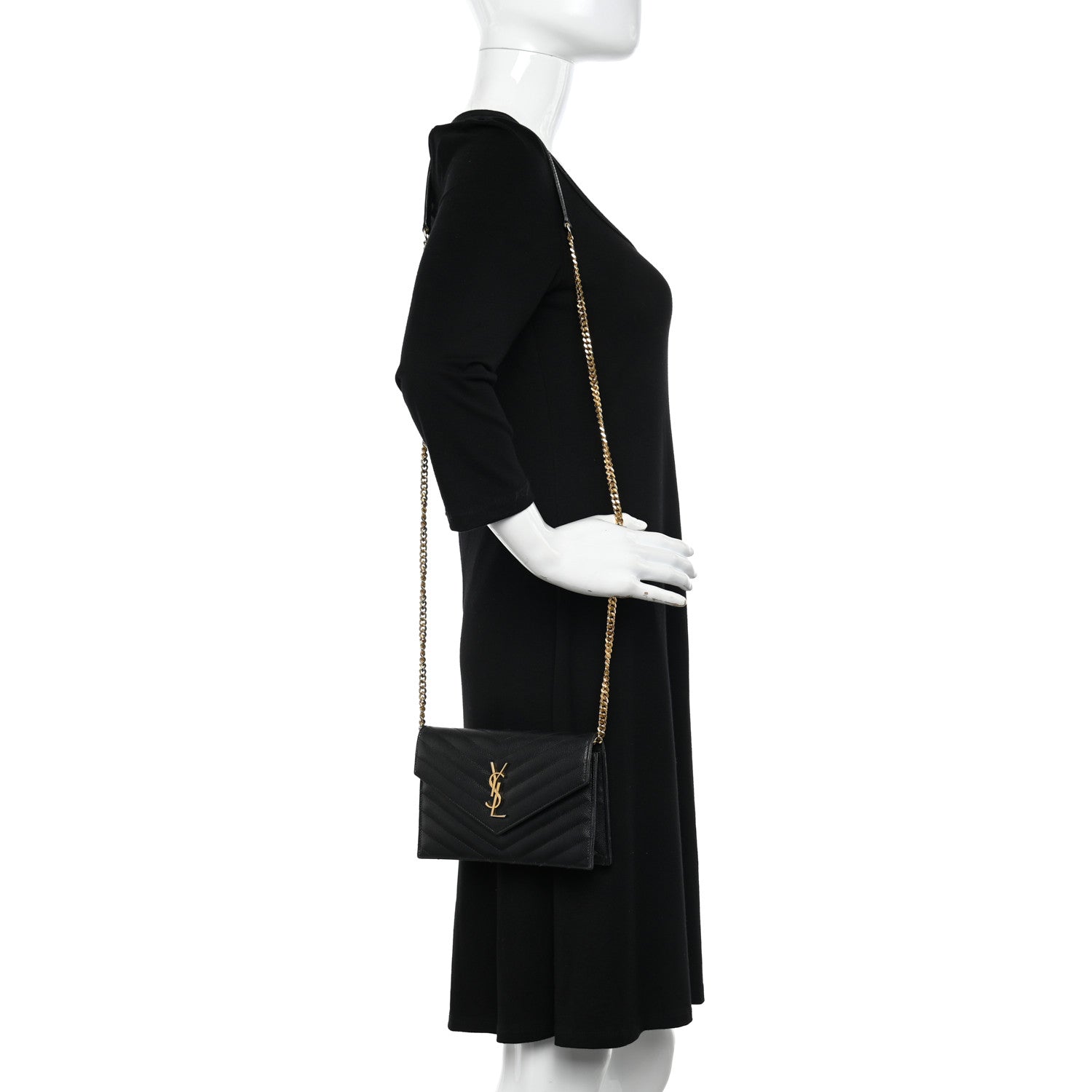 Saint Laurent Grain De Poudre Matelasse Chevron Monogram Envelope Chain Wallet Black 2 of 11