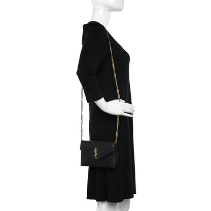 Saint Laurent Grain De Poudre Matelasse Chevron Monogram Envelope Chain Wallet Black 2 of 11