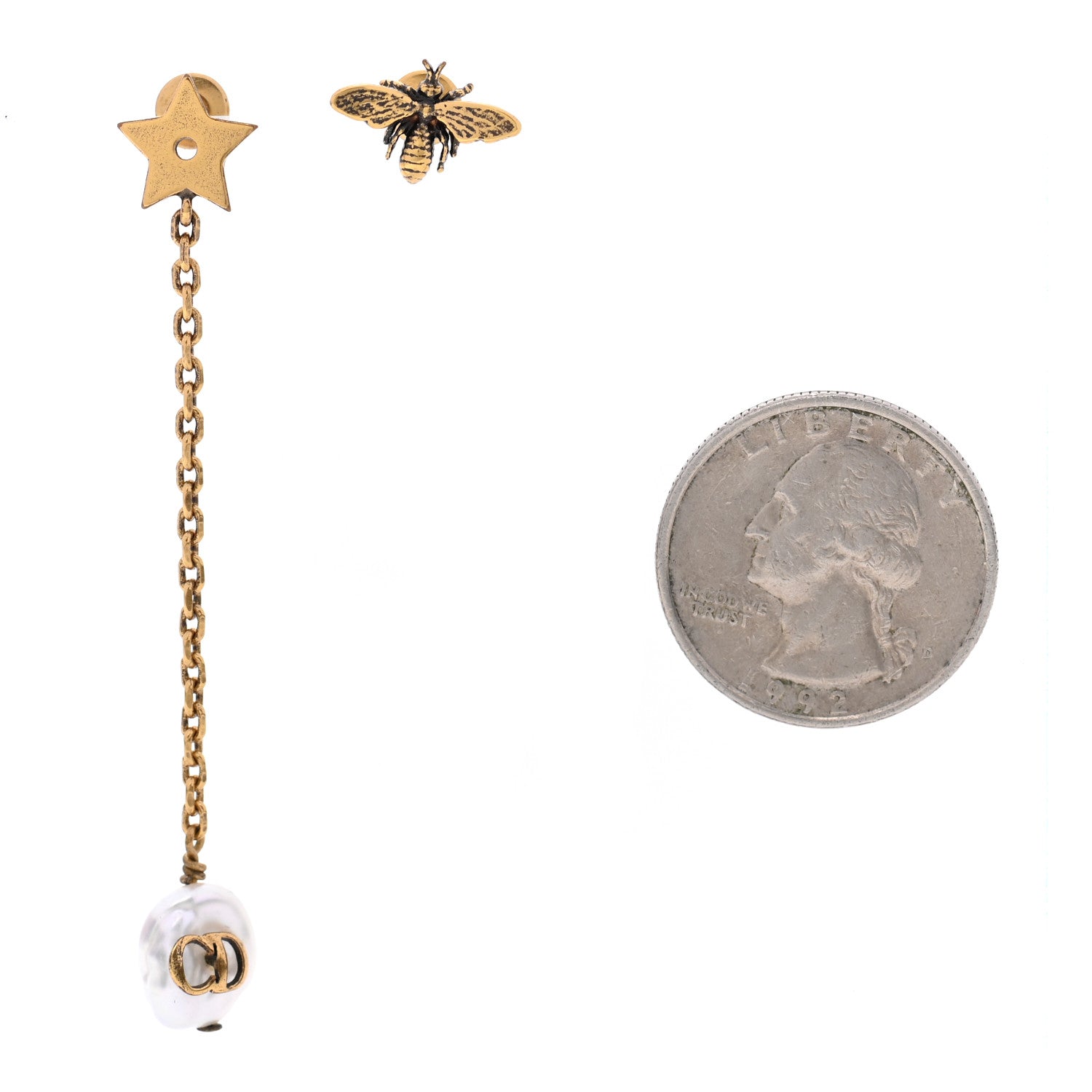 Christian Dior Metal Pearl Bee Star CD Drop Chain Earrings Aged Gold 2 of 4