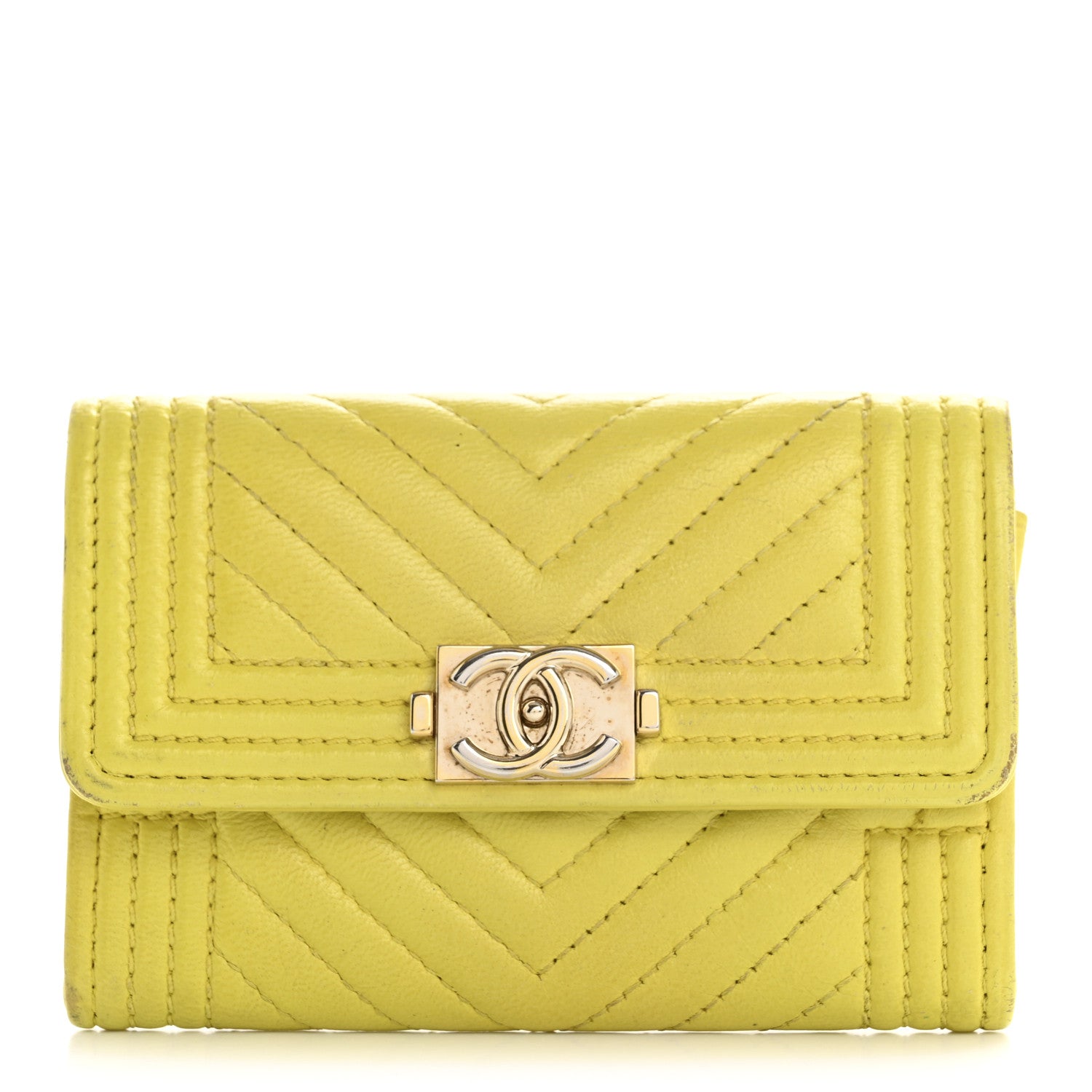 Chanel Lambskin Chevron Quilted Boy Flap Card Holder Yellow 2 of 16