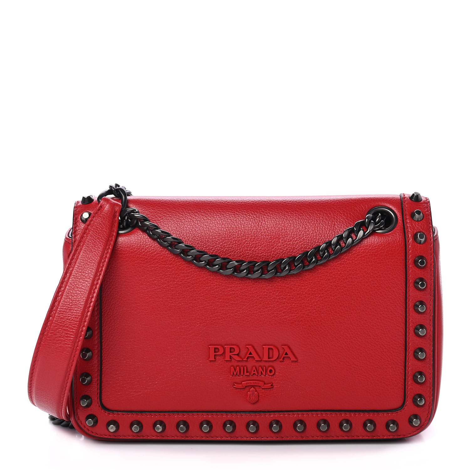 Prada Glace Calfskin Studded Crossbody Fuoco 827086