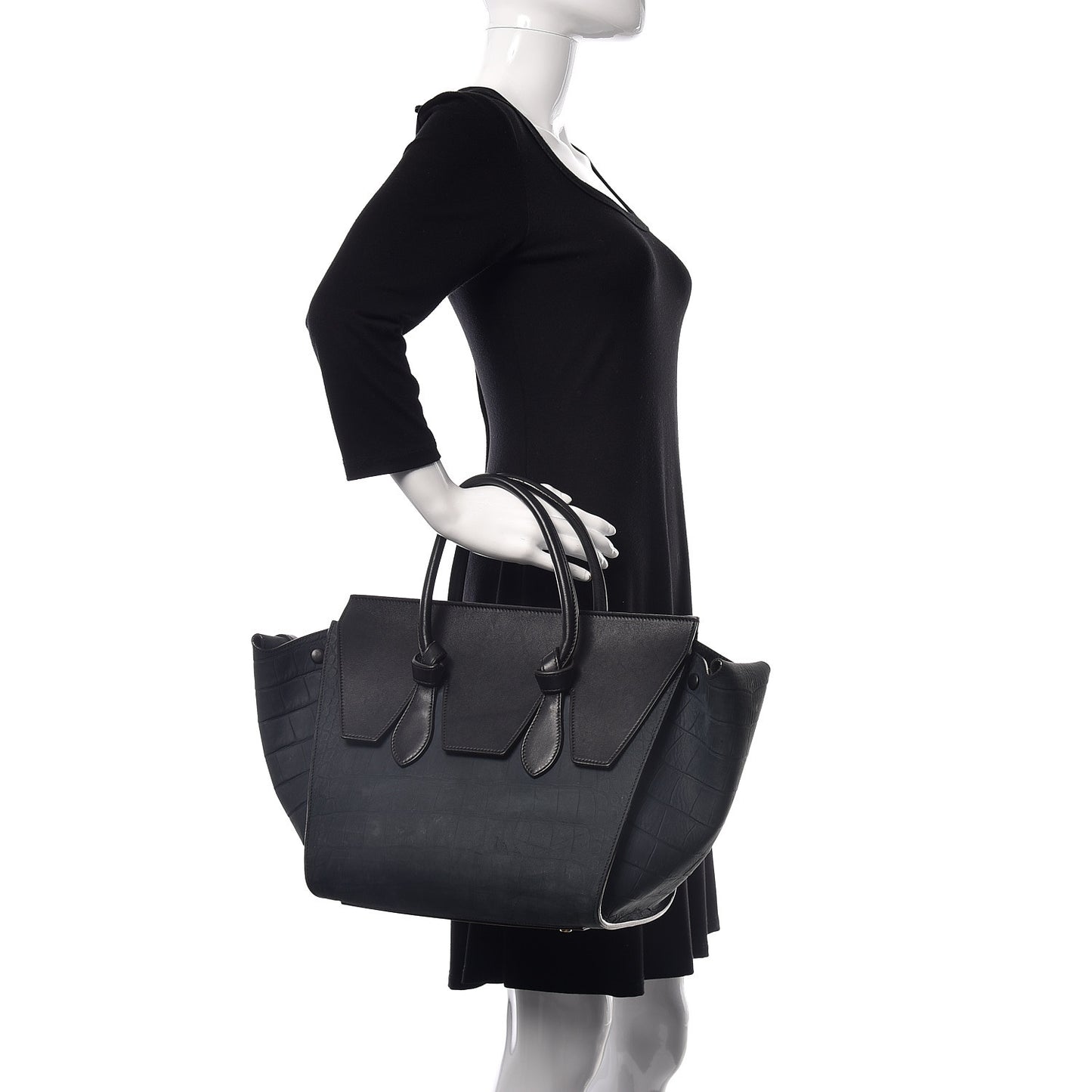 Smooth Calfskin Nubuck Crocodile Embossed Small Tie Knot Tote Navy