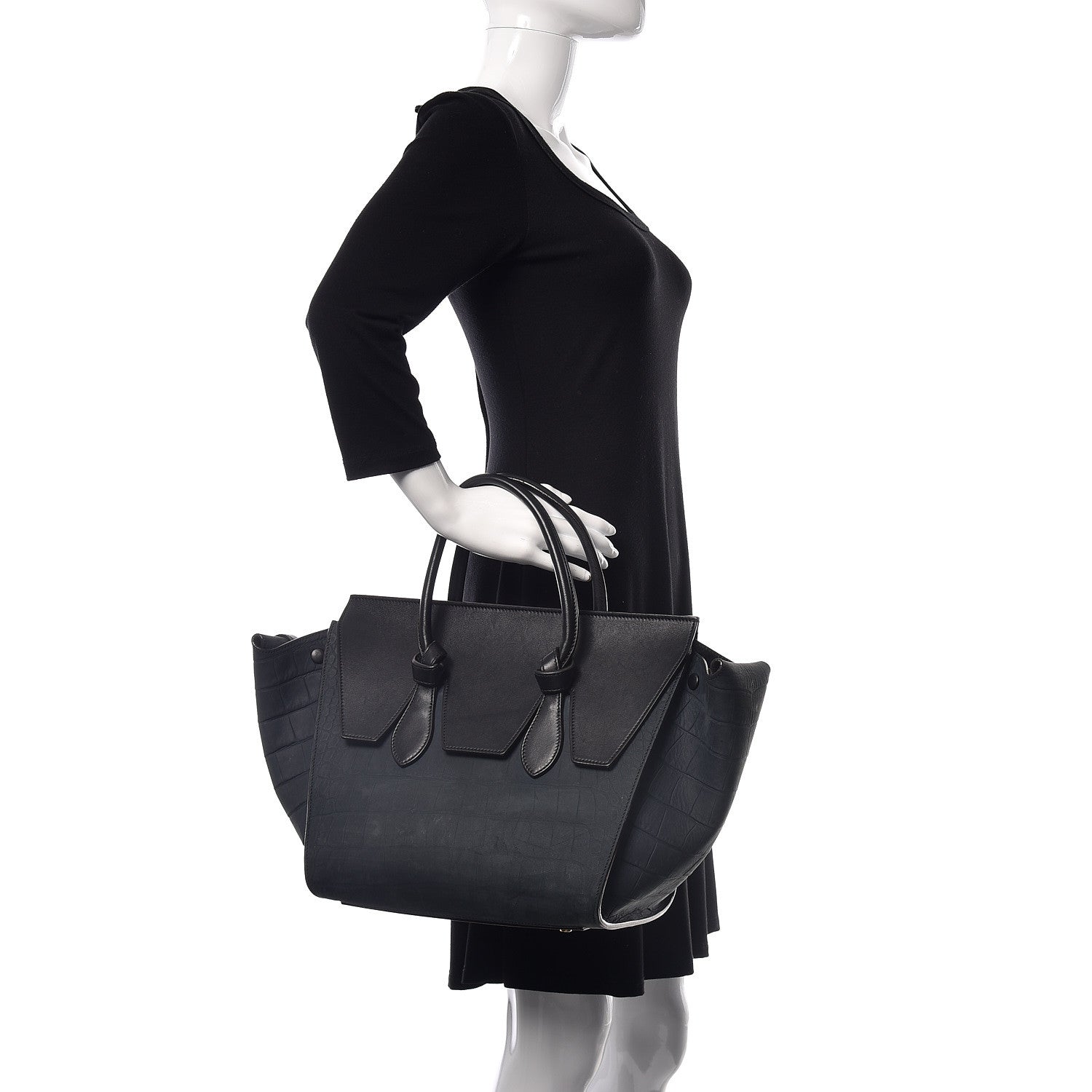 Celine Smooth Calfskin Nubuck Crocodile Embossed Small Tie Knot Tote Navy 2 of 17