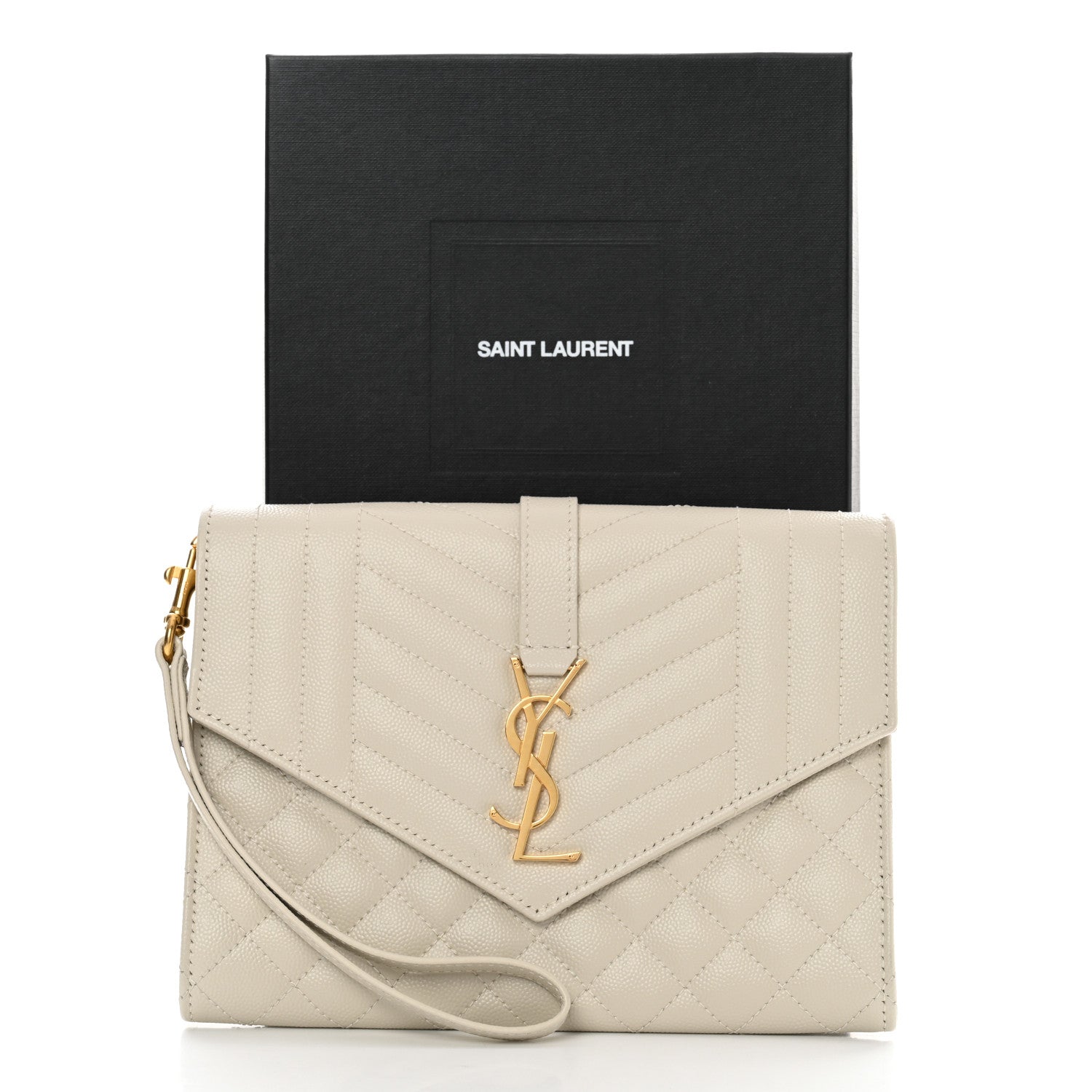 Saint Laurent Grain De Poudre Textured Mixed Matelasse Triquilt Monogram Clutch Blanc Vintage 8 of 8