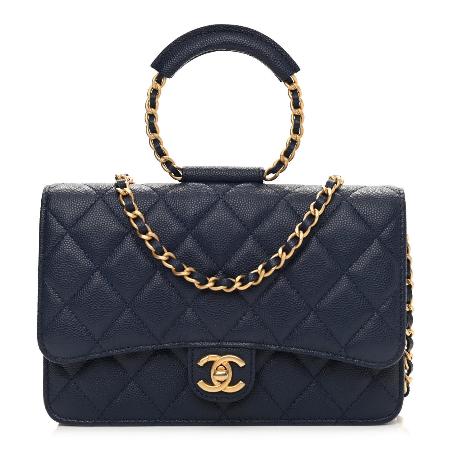 Caviar Quilted Chain Handle Round Wallet On Chain WOC Navy