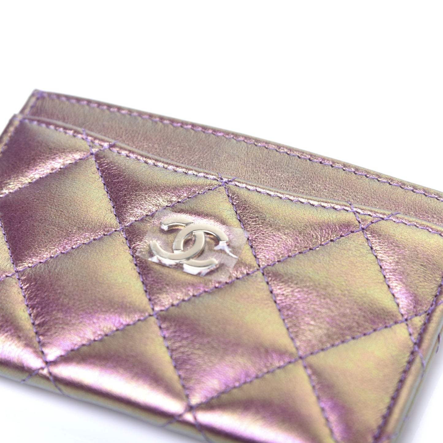Iridescent Lambskin Quilted Card Holder Purple