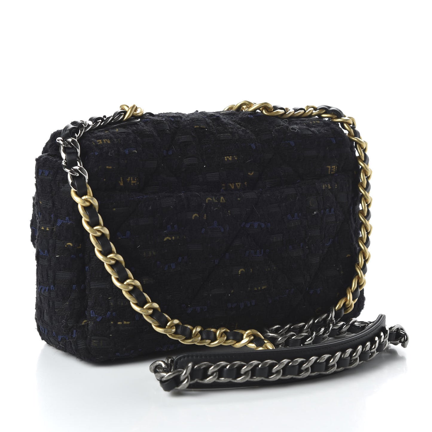 Tweed Quilted Medium 19 Flap Black Navy Gold
