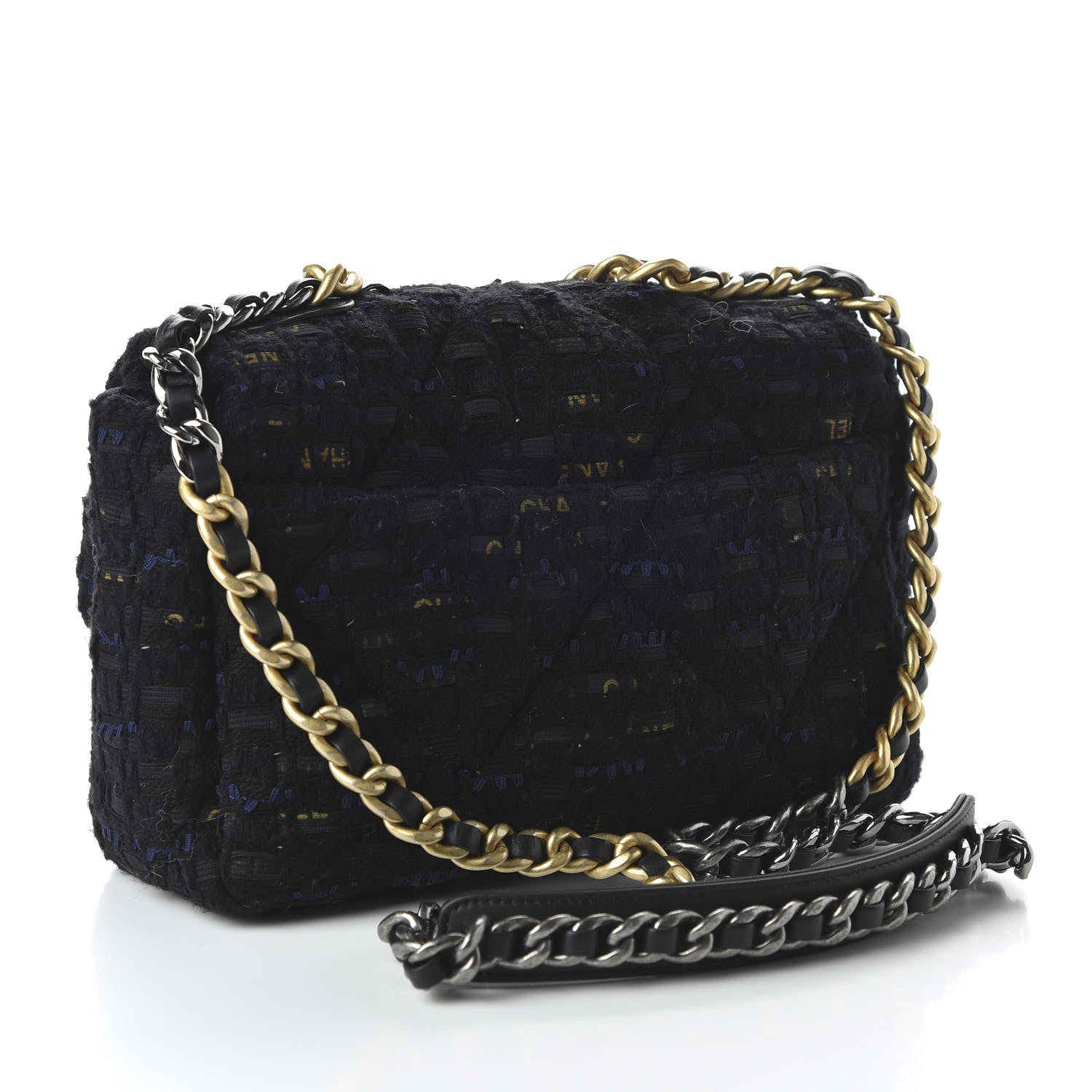 Chanel Tweed Quilted Medium 19 Flap Black Navy Gold 3 of 11
