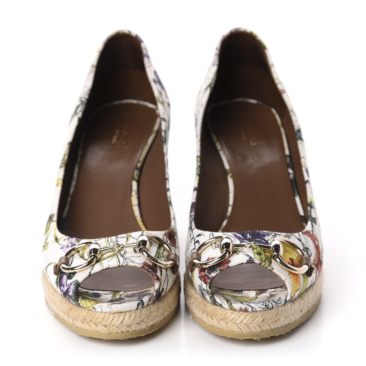 Gucci Canvas Flora Infinity Horsebit Peep Toe Wedges 40 White Multicolor Acero 2 of 9