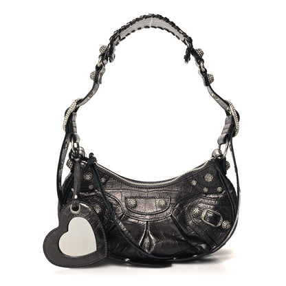 Balenciaga Extra Supple Calfskin Crystal Crocodile Embossed Le Cagole Shoulder Bag XS Gunmetal 3 of 11