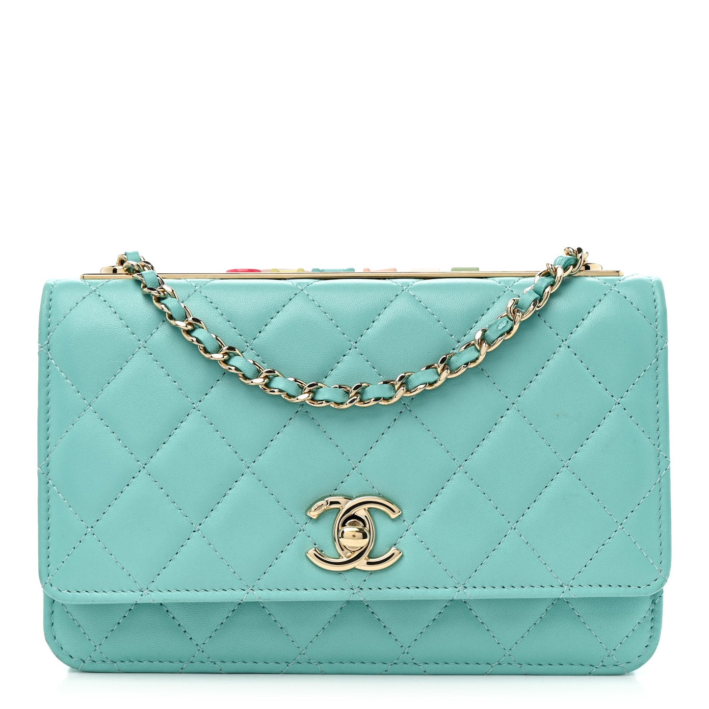 Lambskin Quilted Trendy CC Wallet On Chain WOC Turquoise