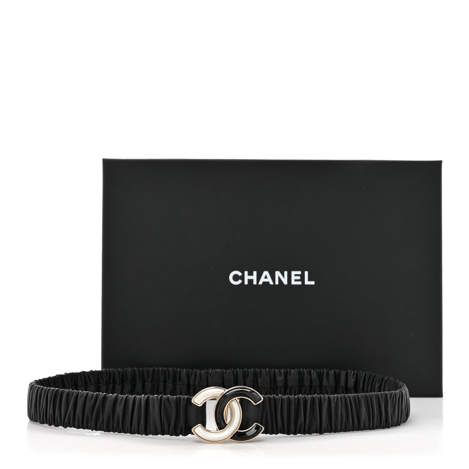 Chanel Lambskin Metal Ruched Chain CC Belt 75 30 Black White 4 of 4