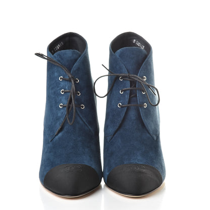 Chanel Suede Grosgrain Pearl Lace Up Booties 41 Dark Blue Black 2 of 10