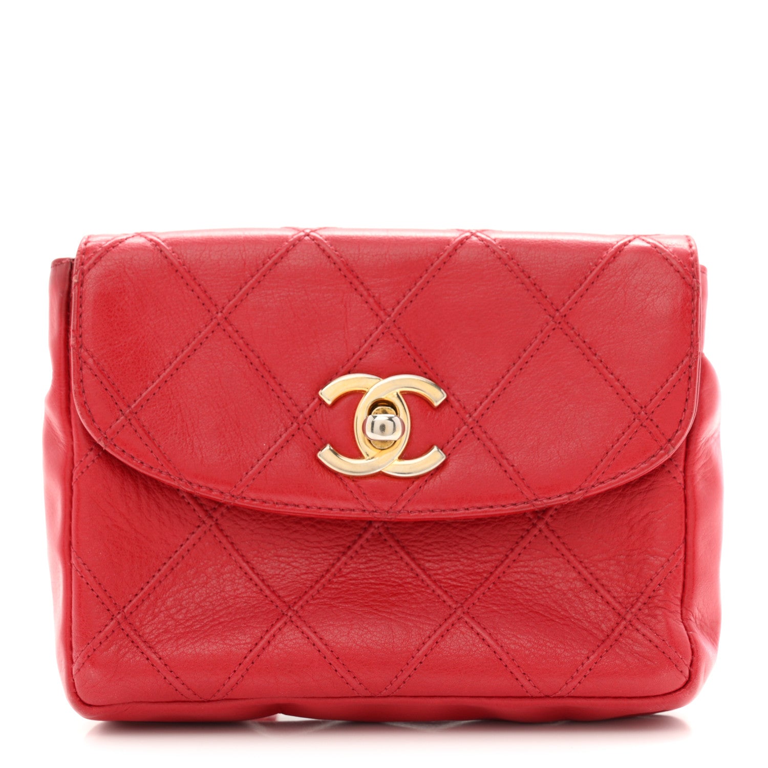 Chanel Lambskin Diamond Stitched Waist Chain Belt Flap Bag 75 30  Red 1 of 10