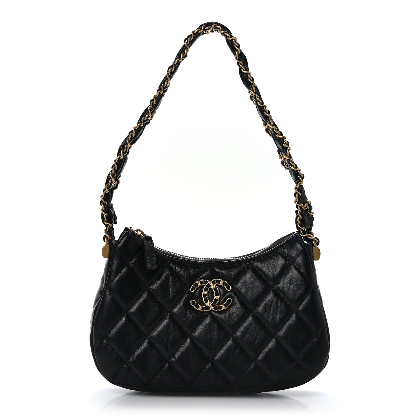 Crumpled Calfskin Quilted Braided CC Small Hobo Black