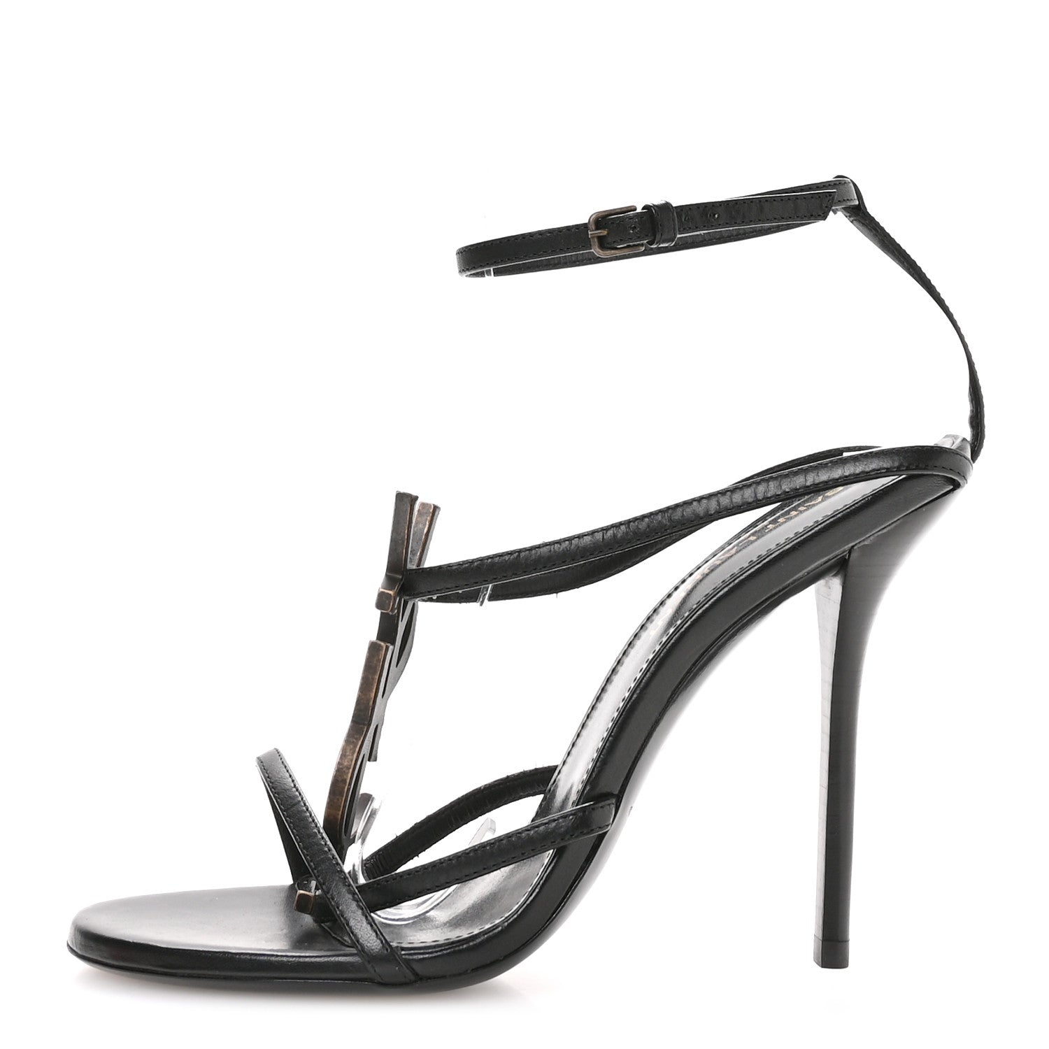 Saint Laurent Calfskin Cassandra Palm Logo 110 Ankle Strap Sandals 36.5 Black 1 of 9