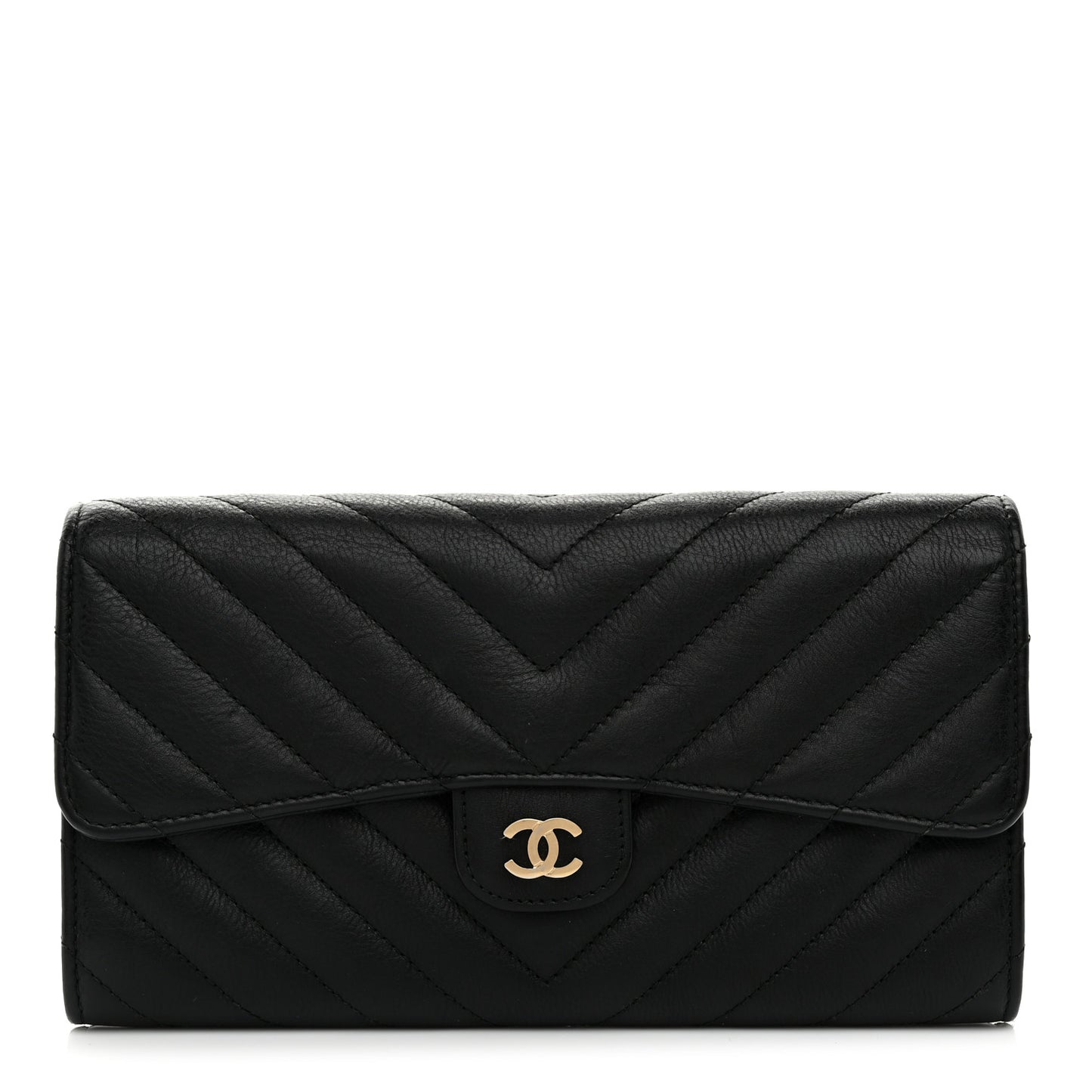 Lambskin Chevron Quilted Large Gusset Flap Wallet Black