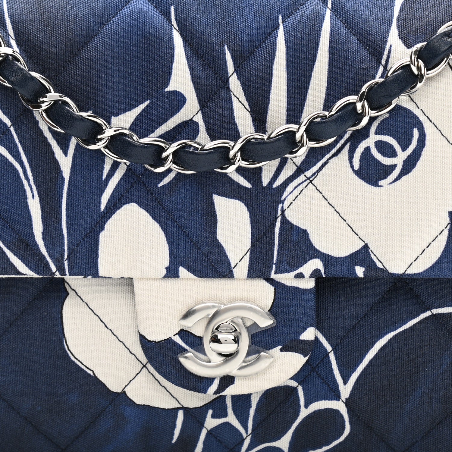 Chanel Floral Printed Silk CC Medium Single Flap Navy Blue White 8 of 11