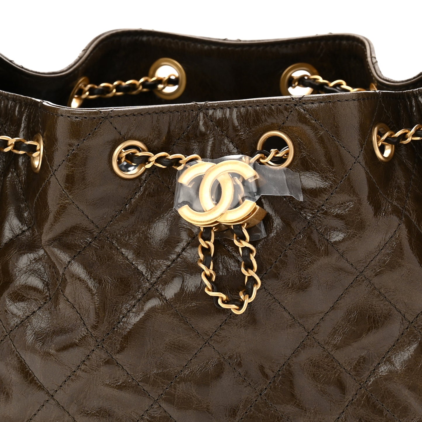 Shiny Crumpled Calfskin Quilted Small Chanel 25 Handbag Khaki