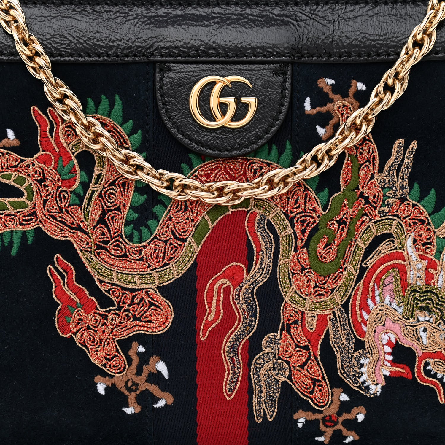 Gucci Suede Patent Web Dragon Embroidered Small Ophidia Chain Shoulder Bag Blue Black 8 of 10