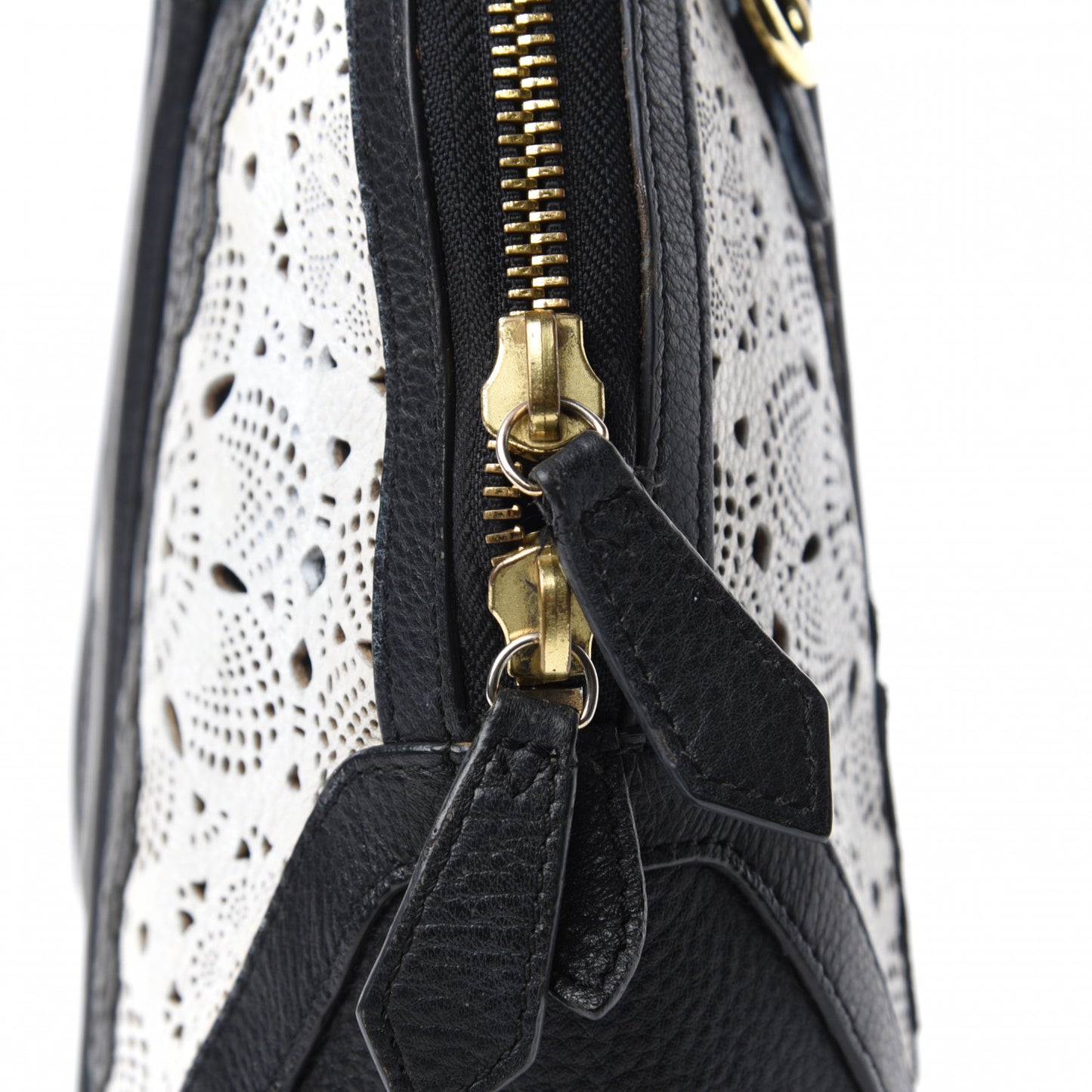 Calfskin Laser Cut Lace Small Orchard Bowling Bag Black White