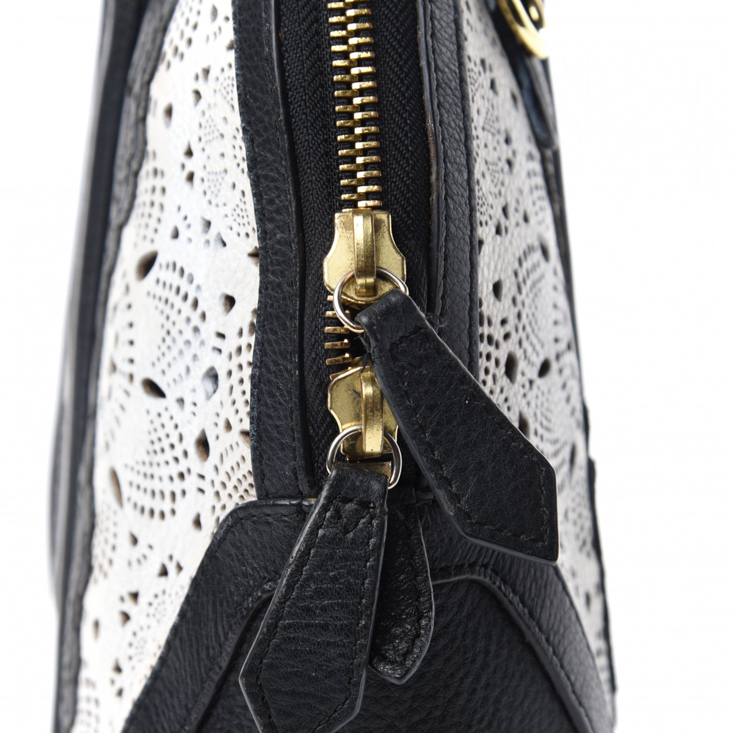 Burberry Calfskin Laser Cut Lace Small Orchard Bowling Bag Black White 9 of 11