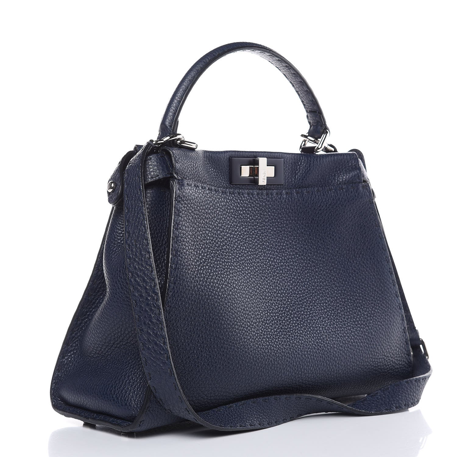 Fendi Cuoio Romano Selleria Medium Peekaboo Iconic Satchel Blue Notte 3 of 11
