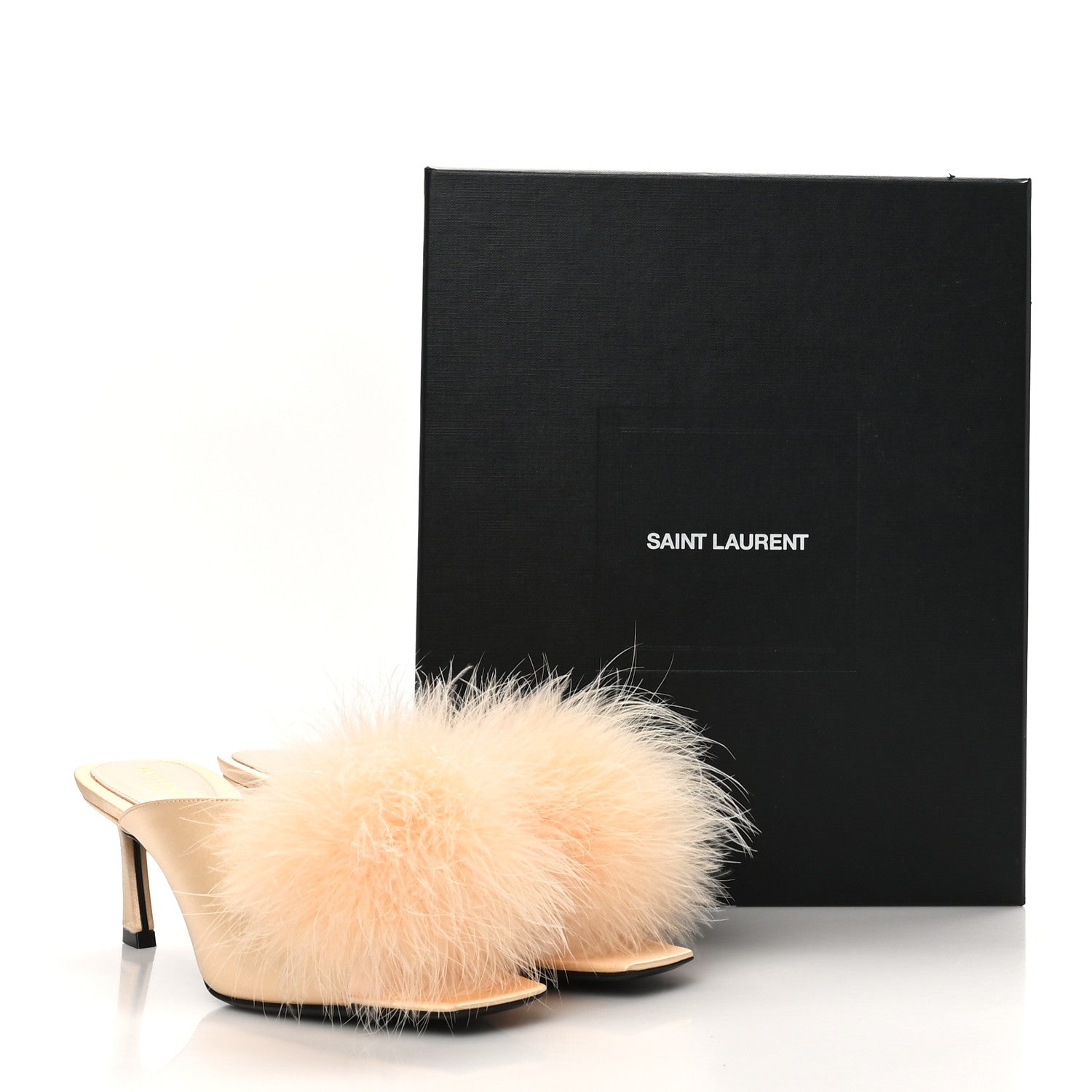 Saint Laurent Crepe Satin Blanco 60 Feathered Mule Sandals 37 Soft Nude 10 of 10